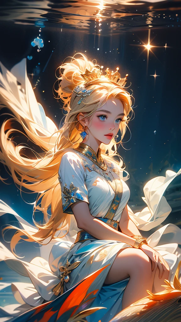 (high resolution,best quality,masterpiece:1.2),Super detailed,Practical:1.37,portrait,Impressionism,underwater,iris,bubble,1 Big breasts girl,fish,Long hair,洪water,Solitary,water,Princess,blonde hair blue eyes,Short sleeve,blue eyes,Fairy,Legend of Salda,jewelry,8k,CG,Detailed figures,kingdom city background,mechanical,crown,Lighting Effects