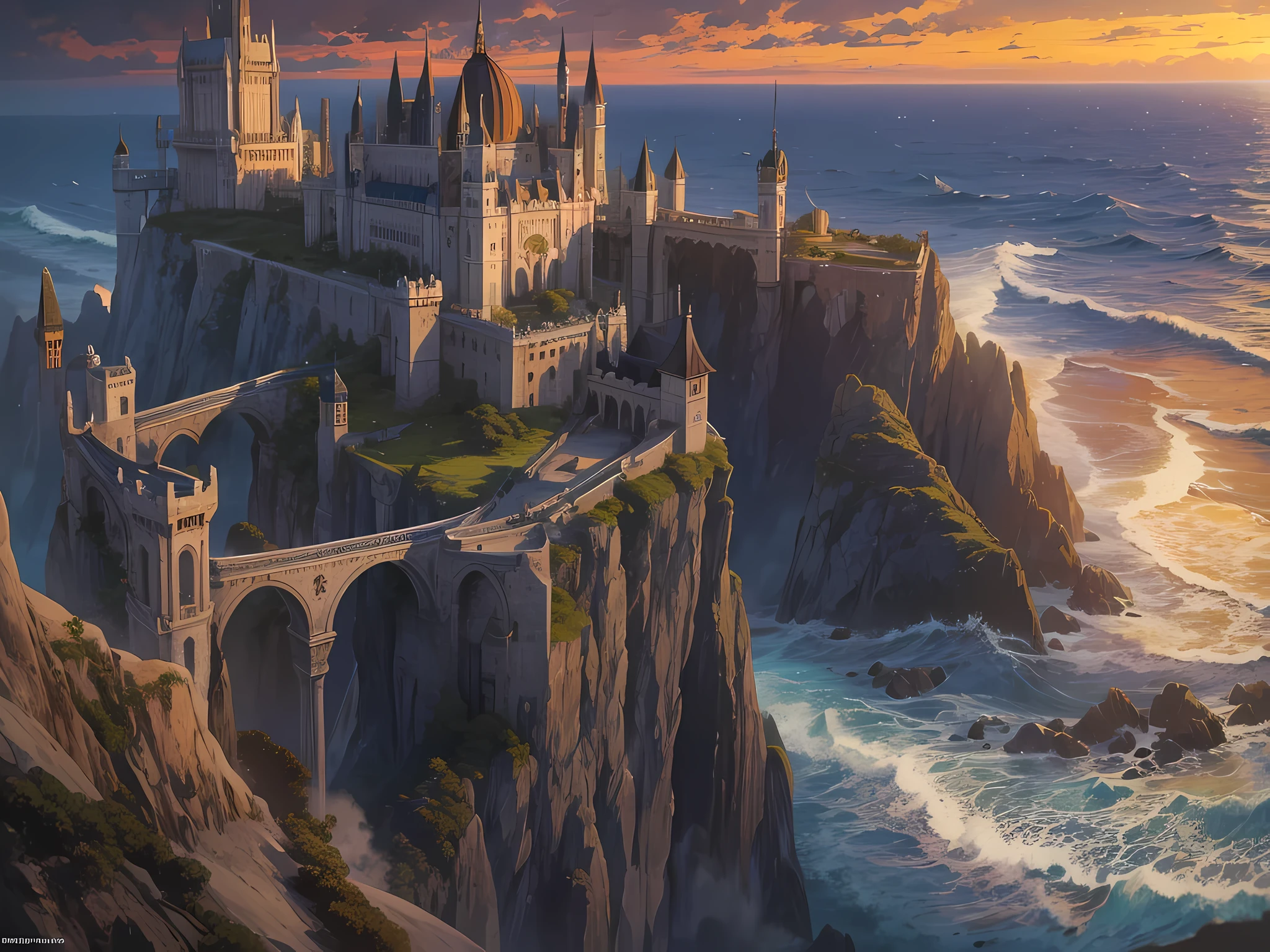 A National Geographic, award winning, picture of a mighty castle on top of cliff watching the blue coast, there is a large sea and rolling waves, eagles fly above, its a fantasy castle, the sun is setting, ant you can see the moon rising, ultra wide shot, photorealistic, RAW, fantasy art, dnd art, fantasy art, realistic art,