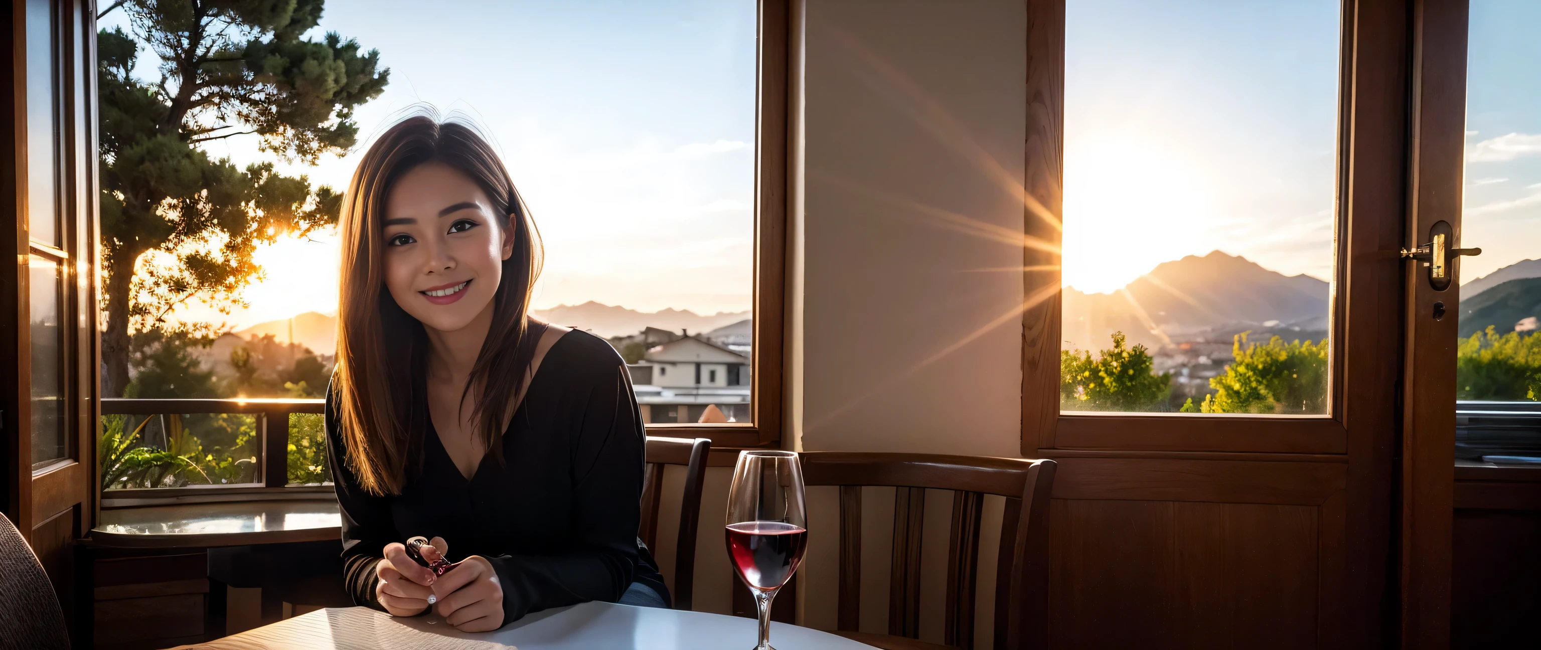 ((highest quality、8k、masterpiece:1.3))、Sharp focus:1.2、Beautiful woman perfect body:1.4、Slim body、((Bob Hale、Straight hair:1.2))、(to be born, highest quality, masterpiece:1.5), (Realistic, Intricate details:1.2), Ultra-high resolution, shine a light on your face、Spectacular view of the sunset sky and clouds、Amazing mountain views、Put the light on your face、A bright smile、wine glass、red wine 、Appetizer、Italian food、Wine bottle、Champagne、sparkling wine、, Beautiful Face, blue eyes, The light shines on your face, Blushing, short hair,Bright Face、Fox face、 (36 years old), 39 years old, Lady、Two beauties、Brown Hair、Shortcuts、Long sleeve shirt、dress、Pretty Woman 1, (slim face), (The body is slim), (Brown Hair), (Shortcuts), cheeks turn a little red,Attractive beauty、, Out of the window, A beautiful and detailed night view unfolds.........., restaurant, In a prominent place (From the waist up) Nova Frog Style, actress, model, Upper Body, White wine, slim, wine glass, A wine glass placed in the middle, smile, (smile: 1.15), Beautiful fine grain, Depth f/2,saturation, High Contrast, Strong light and shadow,Moist Body:1.5、3D texture、Delicate eyes、Brown Hair、The hair is very shiny、