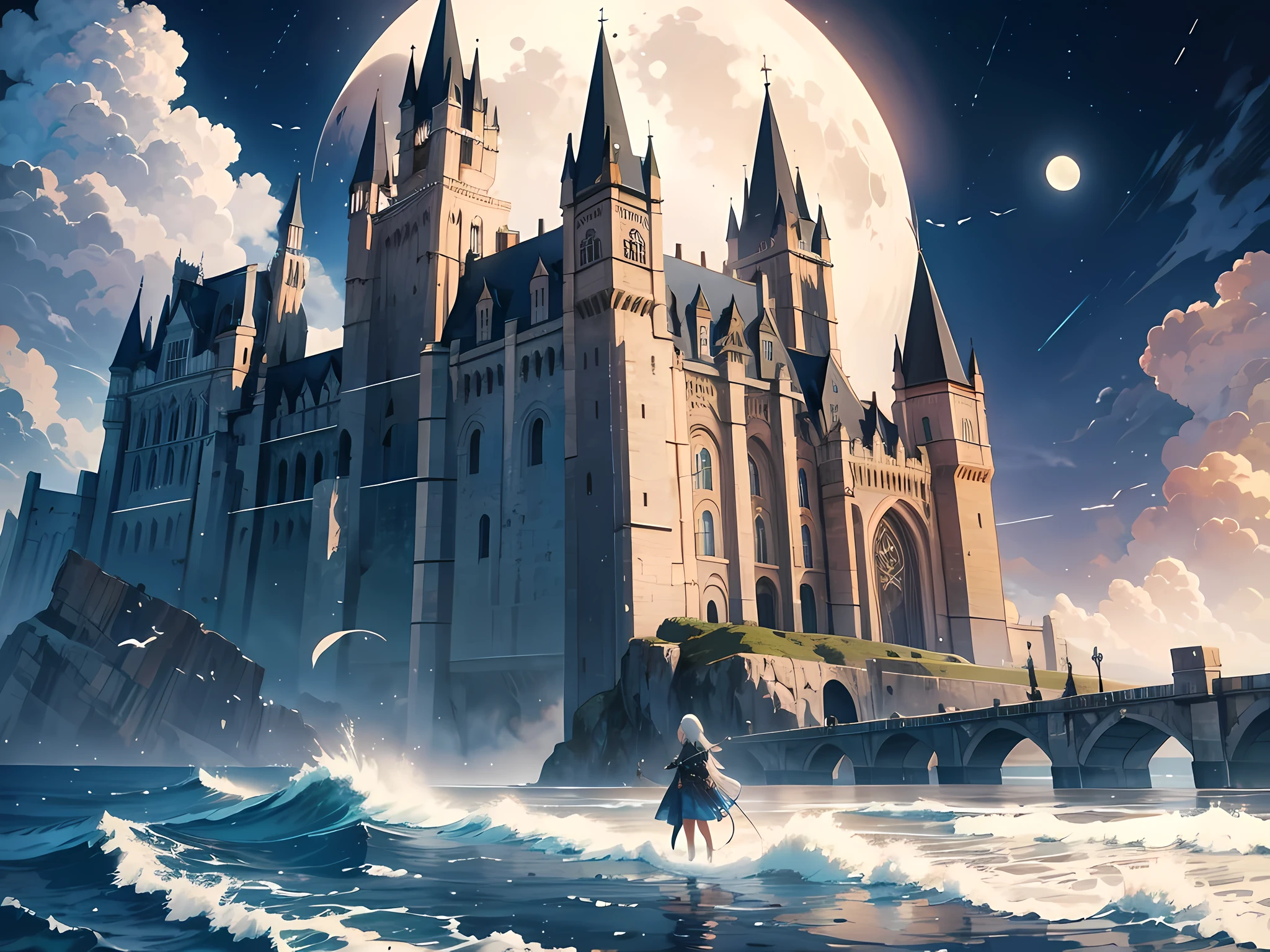 A National Geographic, award winning, picture of a mighty castle on top of cliff watching the blue coast, there is a large sea and rolling waves, eagles fly above, its a fantasy castle, the sun is setting, ant you can see the moon rising, ultra wide shot, photorealistic, RAW, fantasy art, dnd art, fantasy art, realistic art,