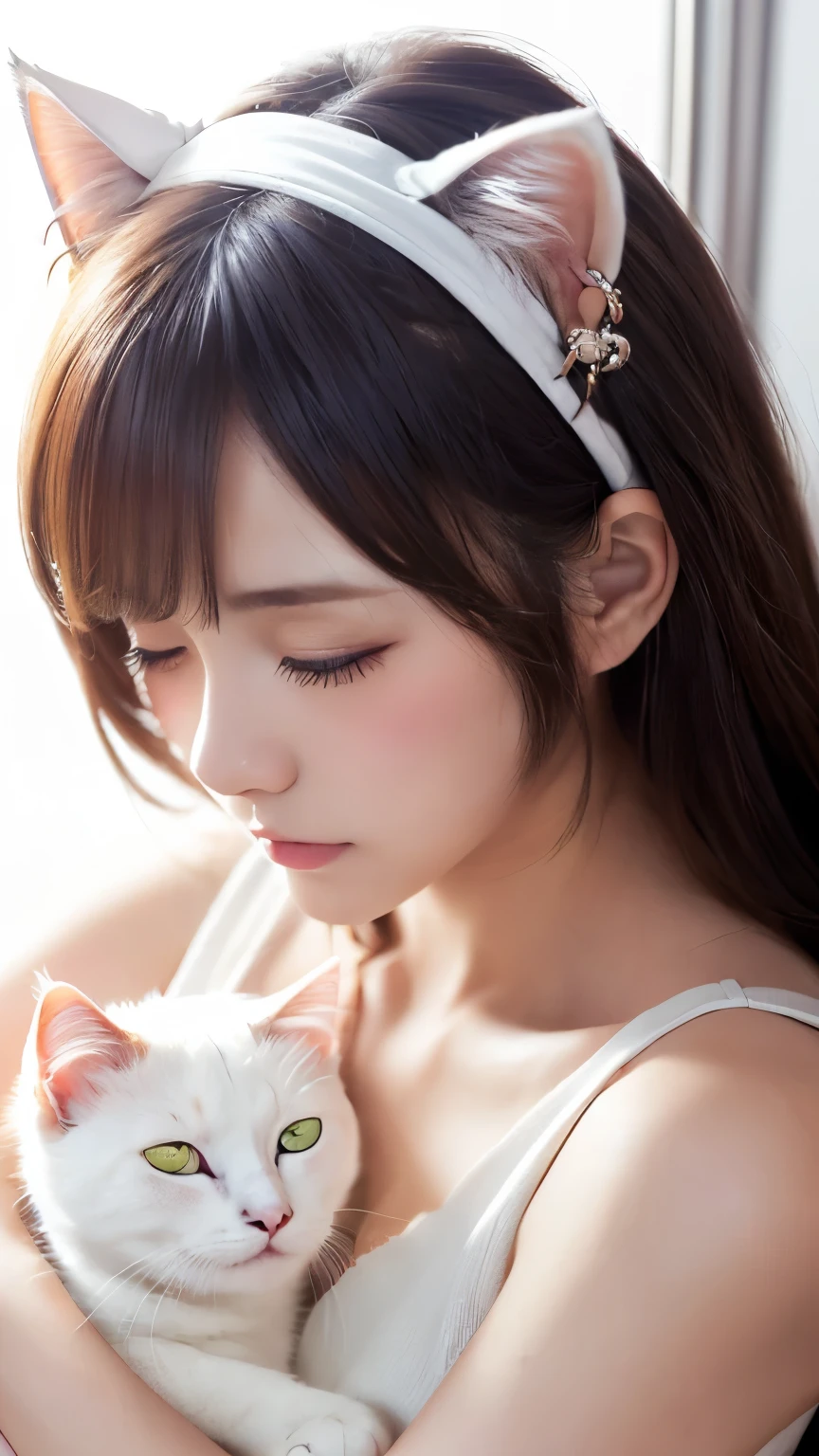 masterpiece, 4k, Bokeh, (Kawaii:1.5), (Beautiful girl:1.3), (Japanese idle:1.6), (Cat ear:1.3) , (white onepiece:1.3), Blushed face, looking at the viewer, cowboy shot, (Hold pretty slleeping white cat :1.5), (Close eyes:1.3), (white background :1.4),