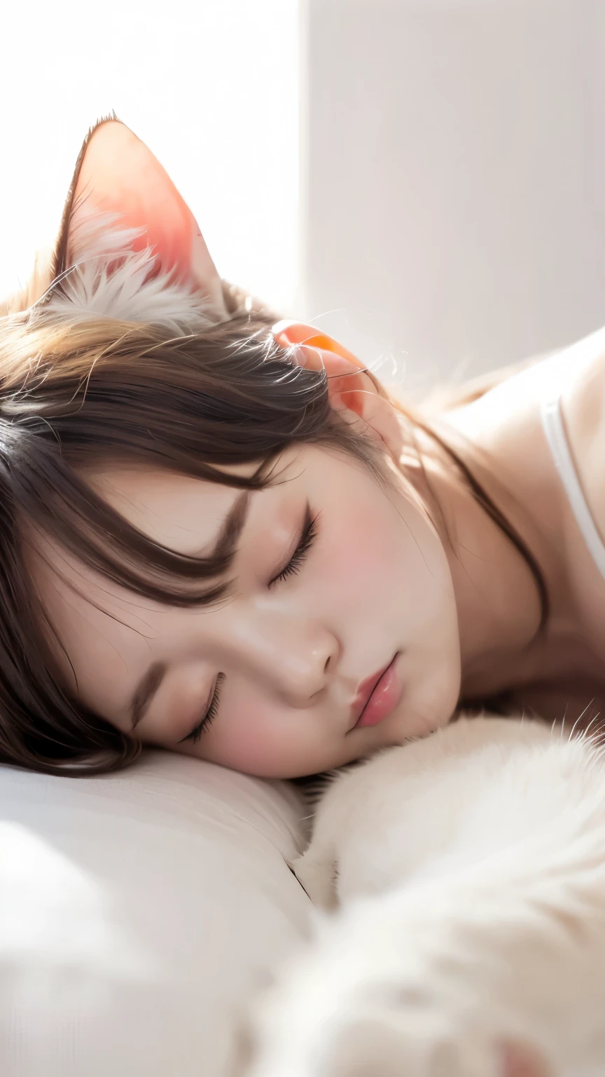 masterpiece, 4k, Bokeh, (Kawaii:1.5), (Beautiful girl:1.3), (Japanese idle:1.6), (Cat ear:1.3) , (white onepiece:1.3), Blushed face, looking at the viewer, cowboy shot, (Hold pretty slleeping white cat :1.5), (Close eyes:1.3), (white background :1.4),