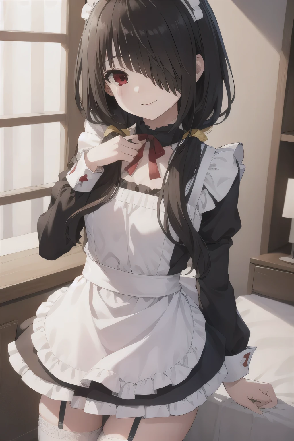 kurumitokisaki, tokisaki kurumi, black hair, low twintails, (hair over one eye:1.5), (red eyes:1.2), (small breast:1.2), BREAK blush, smile, thighhighs, bow, ribbon, cleavage, frills, apron, white thighhighs, wrist cuffs, maid, maid headdress, garter straps, BREAK looking at viewer, BREAK indoors, bed, bedroom, BREAK (masterpiece:1.2), best quality, high resolution, unity 8k wallpaper, (illustration:0.8), (beautiful detailed eyes:1.6), extremely detailed face, perfect lighting, extremely detailed CG, (perfect hands, perfect anatomy),