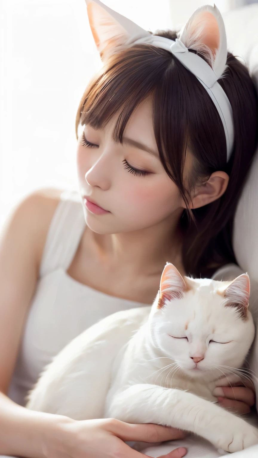 masterpiece, 4k, Bokeh, (Kawaii:1.5), (Beautiful girl:1.3), (Japanese idle:1.6), (Cat ear:1.3) , (white onepiece:1.3), Blushed face, looking at the viewer, cowboy shot, (Hold pretty slleeping white cat :1.5), (Close eyes:1.3), (white background :1.4),