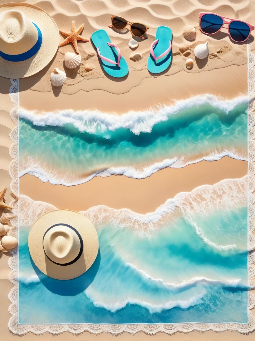 Imagine a peaceful and picturesque beach scene，Captured in the soft, flowing style associated with watercolor art。In the foreground，The soft golden sand is scattered with shells of various shapes and sizes。A beach towel、A sun hat and a pair of flip-flops，Let you spend a relaxing day。Turquoise waves rolling towards the shore，Delicate foam white lace formed on the edges。Behind，The endless blue ocean stretches to the beautiful gradient sky，The transition from the deep blue of the zenith to the soft pink tones of the horizon。White clouds dot the earth，Bringing out the tranquility of the scenery。