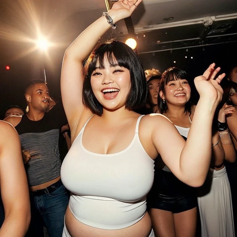 Sweaty、White tank top、No bra、It stinks、Black Hair、Bangs、Bob、Chubby、Big Breasts、hot pants、whole body、smile、Arms up、Raise your arms and jump、club、30th Generation、Open mouth、BLACKPINK Jennie lookalike、Chubby、Chubby、whole body、whole body、Surrounded by men in nothing but underwear、Inside the Club