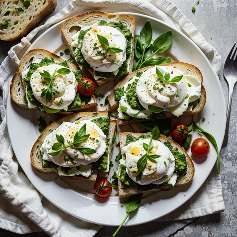 Wild garlic pesto, burrata and tomatoes on toast