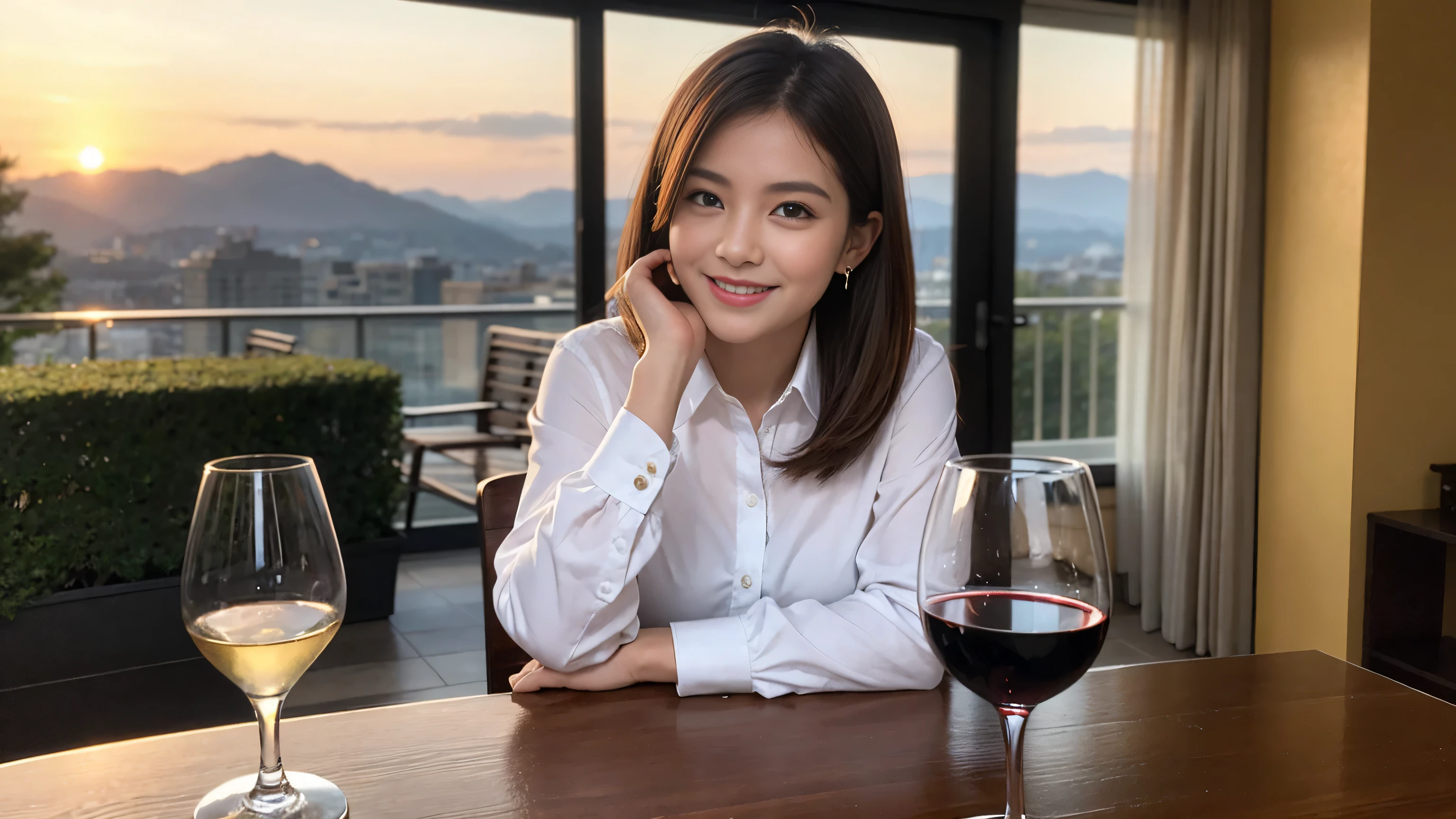 ((highest quality、8k、masterpiece:1.3))、Sharp focus:1.2、Beautiful woman perfect body:1.4、Slim body、((Bob Hale、Straight hair:1.2))、(to be born, highest quality, masterpiece:1.5), (Realistic, Intricate details:1.2), Ultra-high resolution, Facial lighting、Spectacular view of the sunset sky and clouds、Amazing mountain views、A bright smile、wine glass、red wine 、Appetizer、Italian food、Wine bottle、Champagne、sparkling wine、, Beautiful Face, blue eyes, The light shines on your face, Blushing, short hair,Bright Face、Fox face、 (36 years old), 39 years old, Lady、Two beauties、Brown Hair、Shortcuts、Long sleeve shirt、dress、Pretty Woman 1, (slim face), (The body is slim), (Brown Hair), (Shortcuts), cheeks turn a little red,Attractive beauty、, Out of the window, A beautiful and detailed night view unfolds.........., restaurant, In a prominent place (From the waist up) Nova Frog Style, actress, model, Upper Body, White wine, slim, wine glass, A wine glass placed in the middle, smile, (smile: 1.15), Beautiful fine grain, Depth f/2,saturation, High Contrast, Strong light and shadow,Moist Body:1.5、3D texture、Delicate eyes、Brown Hair、The hair is very shiny、