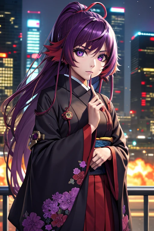1girl, Sharp explosions, cue, Wide sleeves, Hair decoration, Japanese clothes, Obi is red, (Purple hair:1.2), Very long hair, Styled hair, Looking at the viewer, Highly detailed background, (Realistic pictures:1.2), Detailed eyes, red eye shadow, Depth of field，thigh, (Ulzzang-6500:0.7), Upper body, (Single:1.2), (Cyberpunk city:1.1), split, (Finger on lips:1.1),Shiny skin
