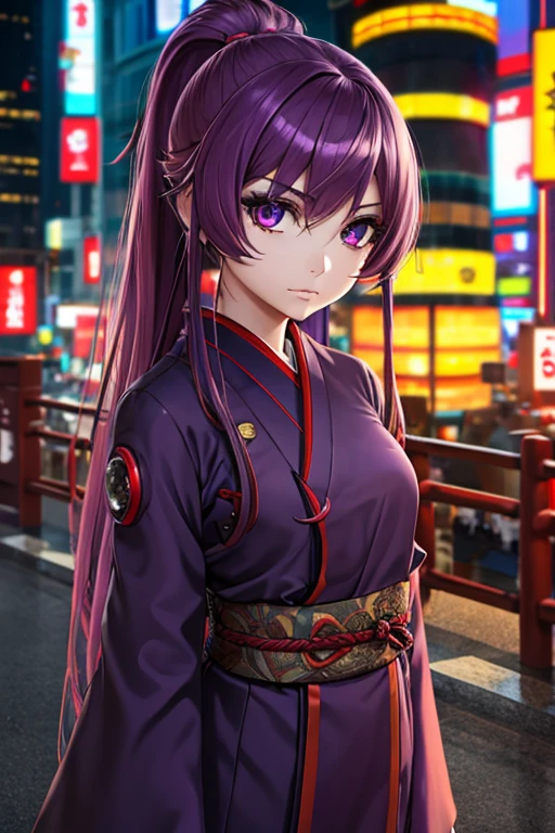 1girl, Sharp explosions, cue, Wide sleeves, Hair decoration, Japanese clothes, Obi is red, (Purple hair:1.2), Very long hair, Styled hair, Looking at the viewer, Highly detailed background, (Realistic pictures:1.2), Detailed eyes, red eye shadow, Depth of field,thigh, (Ulzzang-6500:0.7), Upper body, (Single:1.2), (Cyberpunk city:1.1), split, (Finger on lips:1.1),Shiny skin