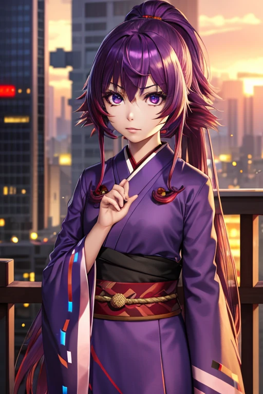 1girl, Sharp explosions, cue, Wide sleeves, Hair decoration, Japanese clothes, Obi is red, (Purple hair:1.2), Very long hair, Styled hair, Looking at the viewer, Highly detailed background, (Realistic pictures:1.2), Detailed eyes, red eye shadow, Depth of field，thigh, (Ulzzang-6500:0.7), Upper body, (Single:1.2), (Cyberpunk city:1.1), split, (Finger on lips:1.1),Shiny skin
