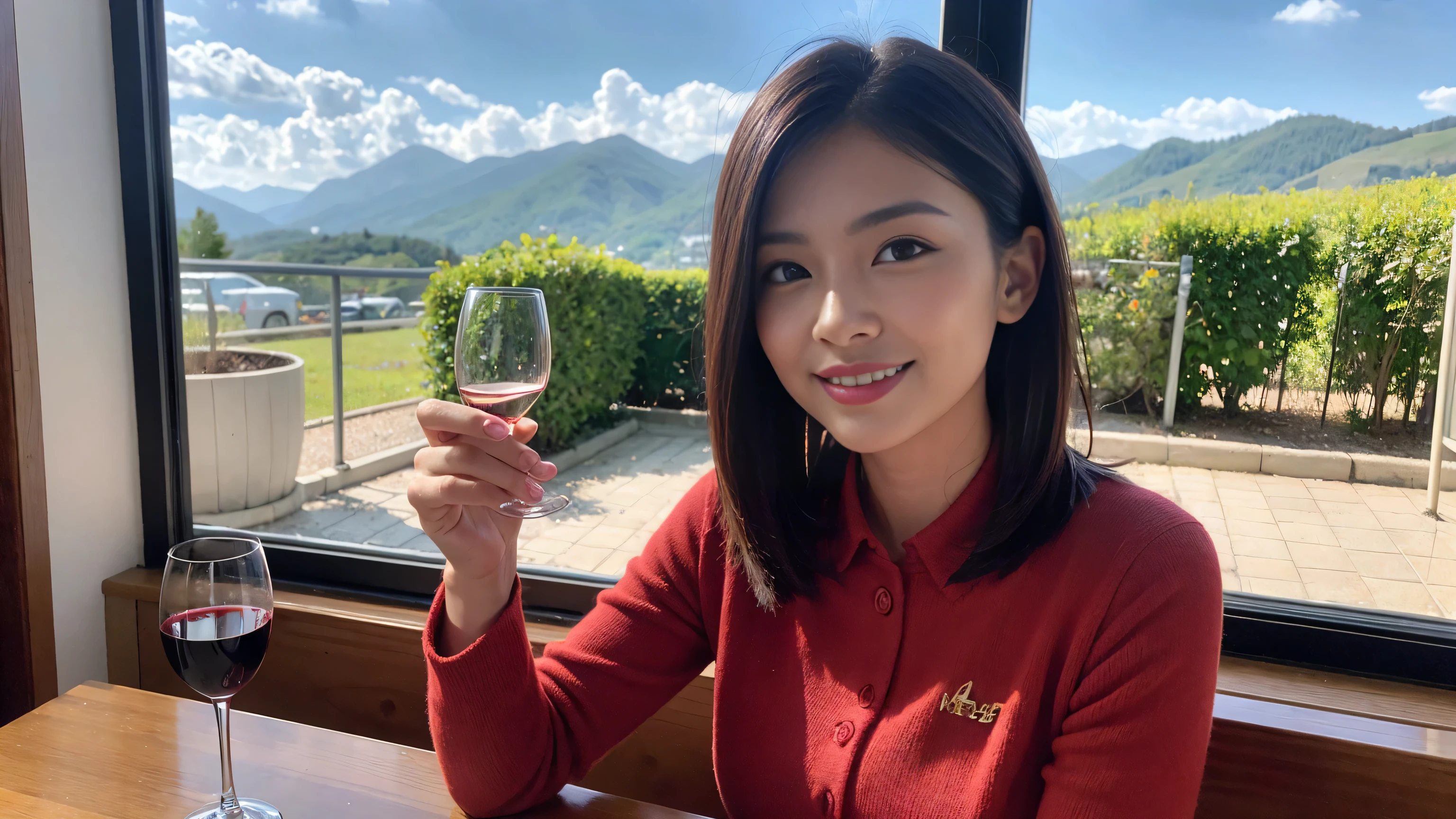 ((highest quality、8k、masterpiece:1.3))、Sharp focus:1.2、Beautiful woman perfect body:1.4、Slim body、((Bob Hale、Straight hair:1.2))、(to be born, highest quality, masterpiece:1.5), (Realistic, Intricate details:1.2), Ultra-high resolution, Facial lighting、Spectacular view of the sunset sky and clouds、Amazing mountain views、A bright smile、wine glass、red wine 、Appetizer、Italian food、Wine bottle、Champagne、sparkling wine、, Beautiful Face, blue eyes, The light shines on your face, Blushing, short hair,Bright Face、Fox face、 (36 years old), 39 years old, Lady、Two beauties、Brown Hair、Shortcuts、Long sleeve shirt、dress、Pretty Woman 1, (slim face), (The body is slim), (Brown Hair), (Shortcuts), cheeks turn a little red,Attractive beauty、, Out of the window, A beautiful and detailed night view unfolds.........., restaurant, In a prominent place (From the waist up) Nova Frog Style, actress, model, Upper Body, White wine, slim, wine glass, A wine glass placed in the middle, smile, (smile: 1.15), Beautiful fine grain, Depth f/2,saturation, High Contrast, Strong light and shadow,Moist Body:1.5、3D texture、Delicate eyes、Brown Hair、The hair is very shiny、