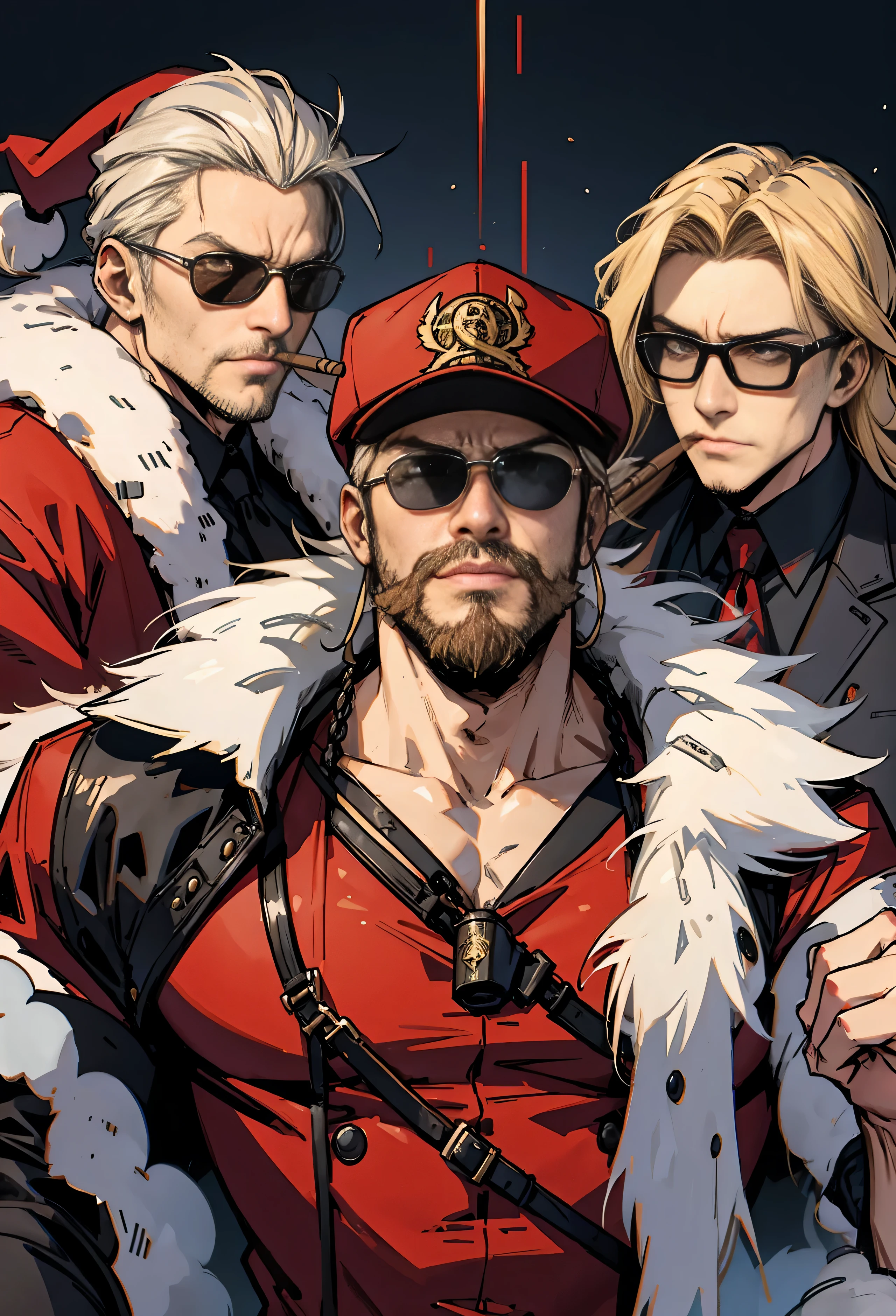 American anime style figure of Santa Claus.,wearing ray ban glasses,Product logo,high resolution, Face only image, Aggressive looking.,Put a cigar in your mouth,mafia,gangster,Mercenaries