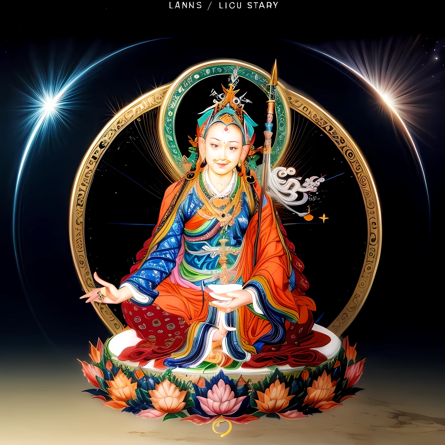(( lianshi,1boy)),mantra,ocean,stars,starry sky,rainbow,night,sun,crown,necklace,circle,sitting on lotus,(lotus),jewelry,bracelet,crescent moon,earrings,magic circle,flower,bird,