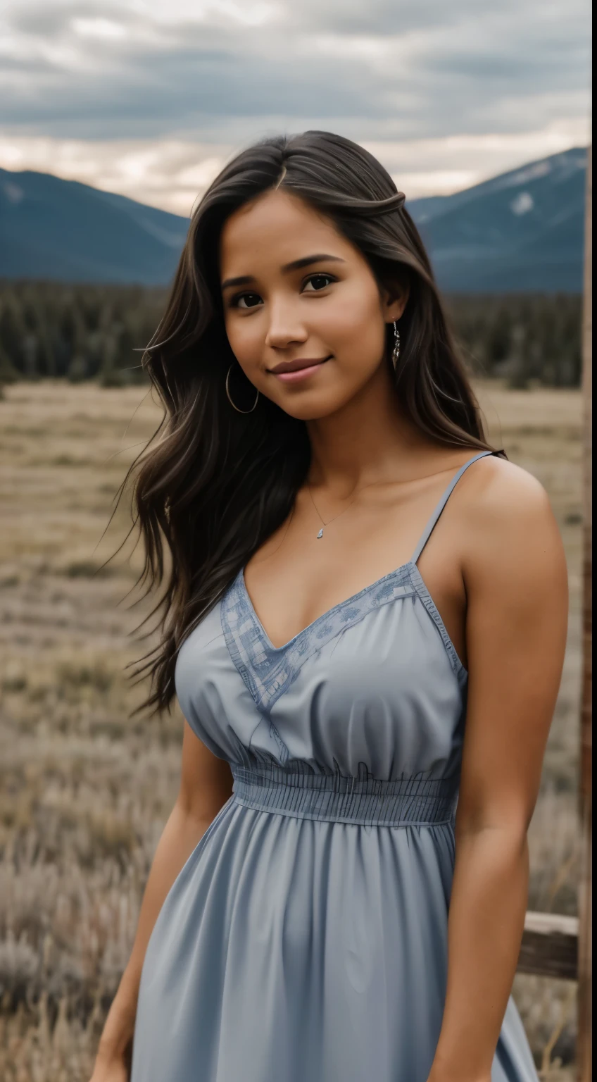 Foto hiperrealista en primer plano de Kelsey Asbille (native American ((light dark skin))), masterpiece, best quality, (photorealistic:1.4), full body, (blue church dress:1.2)), on the ranch, grey day, Montana mountains in the background, cinematic light, beautiful woman, skinny, large big breasts, black long hair, detailed face, smile, facing the camera, photo taken from a distance, age of 25 years old, camera filter on pastel gray colors,, grey filter on camera