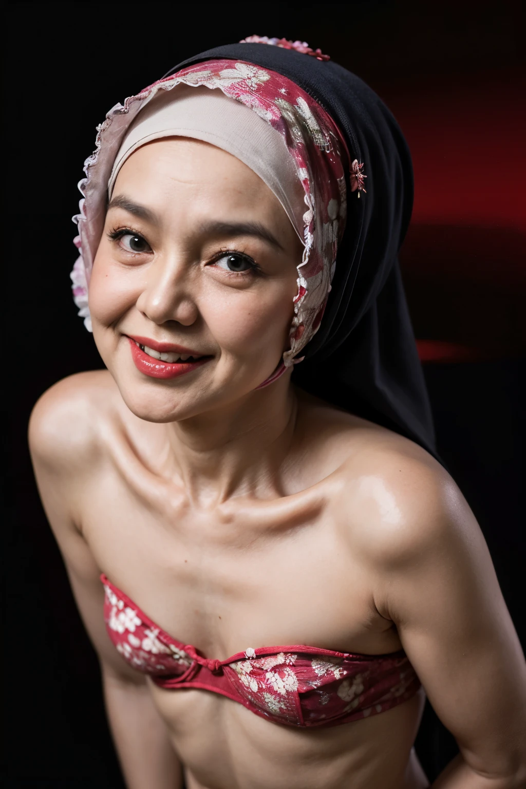 ((Old lady:1.5)), ((FLAT CHEST:1.6)), (Happy smile), (((HIJAB MALAY GIRL))), masutepiece, High quality, UHD 32K, Realistic face, Realistic skin feeling , A Japanese Lady, 58 years old matured lady, , Very cute and baby-like face, (((FLAT CHEST))), (Night time at forest), ((look In front  at the camera and SADNESS)), (((CUTE GIRL))), ((RED FLUORESCENT LIPS)), ((Floral Pattern)) little ((wearing strapless bra)), strapless colorful bra, dark night background , black forest night, horror scary place, (from behind up) seductive pose