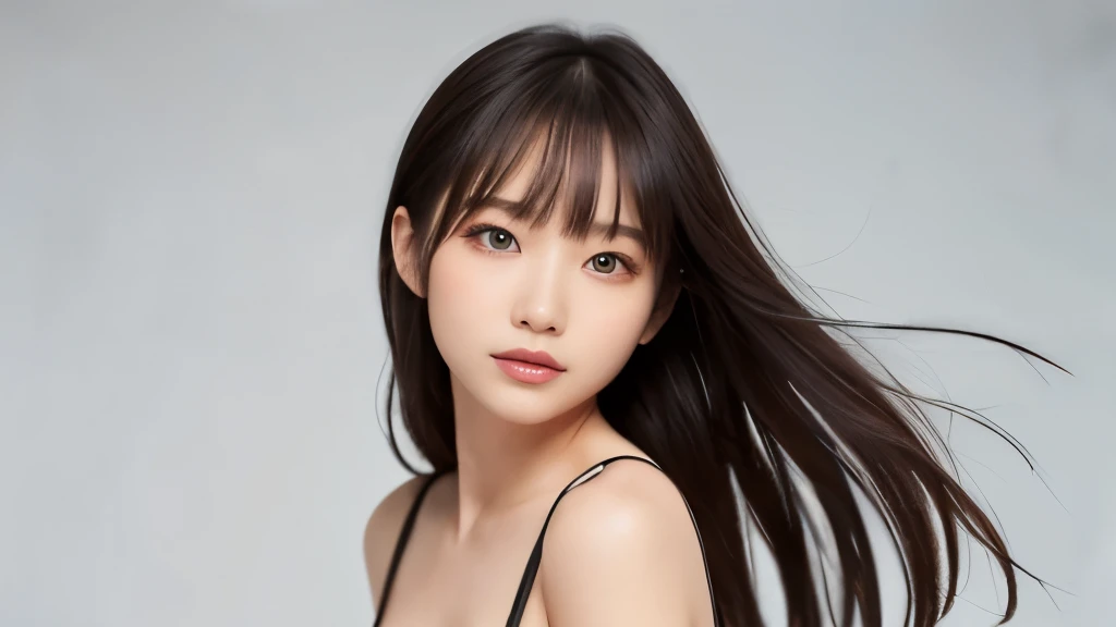 (masterpiece:1.2,highest quality),((White background)),((Photographed with an ultra-wide-angle single focus lens)),depict the upper body,1 young woman,((suit)),(Big Breasts),((Look to the side)),Black wavy hair,((Fine and beautiful eyes)),blushed,Healthy Skin,(smile),8k resolution