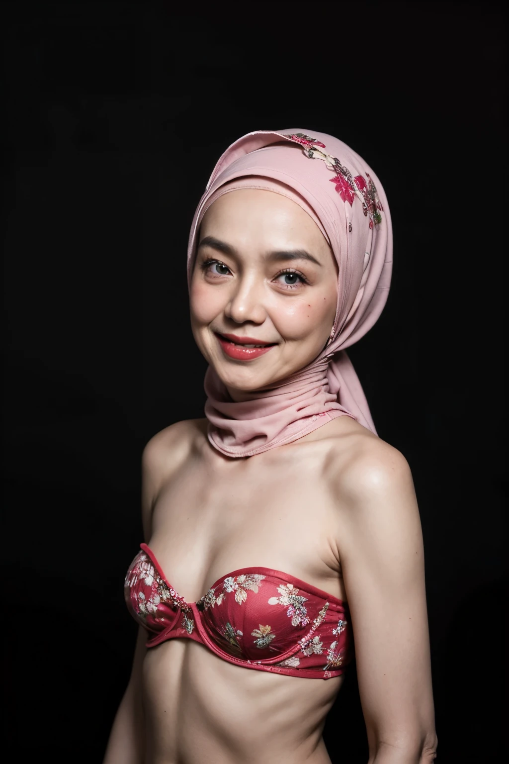 ((Old lady:1.5)), ((FLAT CHEST:1.6)), (Happy smile), (((HIJAB MALAY GIRL))), masutepiece, High quality, UHD 32K, Realistic face, Realistic skin feeling , A Japanese Lady, 58 years old matured lady, , Very cute and baby-like face, (((FLAT CHEST))), (Night time at forest), ((look In front at the camera and SADNESS)), (((CUTE GIRL))), ((RED FLUORESCENT LIPS)), ((Floral Pattern)) little ((wearing strapless bra)), strapless colorful bra, dark night background , black forest night, horror scary place, (from behind up) seductive pose