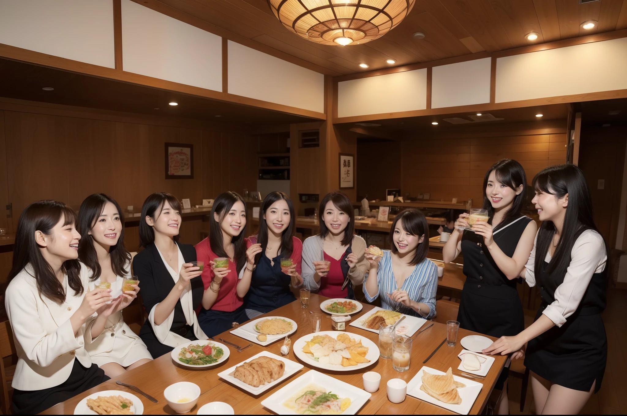 ((highest quality, 8k, Representative works in detail, Ultra-high resolution)), (Group photo of women), (Looking at the audience), (Mid Shot:), 魅力的なビジネスウーマン5-people、women only: 5-people, A little chubby:0.25,Stylish woman、Japanese、Age 25、30 years old、38 years old、Japaneseの女性、Office ladies gathering for the New Year、Draw a picture of a Japanese private restaurant,Laughter and cheers mixed together.,Vibrant。There are various kinds of dishes on the table.々There are a variety of delicious dishes,A photo of everyone eating and chatting、A happy look、mini skirt、