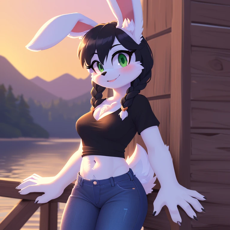 best quality, ultra-detailed, cinematic lighting, beautiful lighting, ((Masterpiece, humanoid hands)), hi res, detailed, detailed background, vibrant lighting, high quality, cartoon style, 2d, (Mobian:1.1), solo, ((1girl)), lean body, (((white body fur))), (((mobian bunny, green eyes, black eyelids, medium breasts, double braids, black hair, white belly fur, white fur hands))), tall, fluffy, (((chest fluff))), ((adult)), (((black shirt, short sleeves, blue short jeans))), side view, icon, pov, looking at viewer, shy blush, smiling, outside, realistic