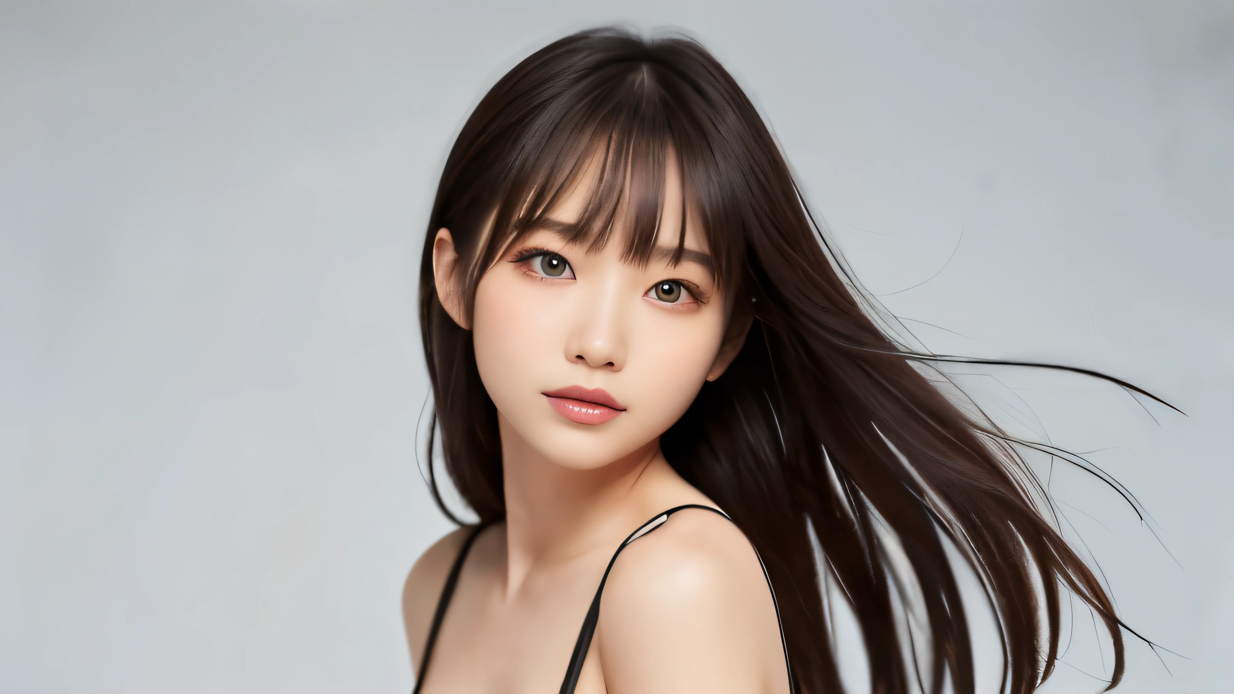 (masterpiece:1.2,highest quality),((White background)),((Photographed with an ultra-wide-angle single focus lens)),depict the upper body,1 young woman,((suit)),(Big Breasts),((Look to the side)),Black wavy hair,((Fine and beautiful eyes)),blushed,Healthy Skin,(smile),8k resolution
