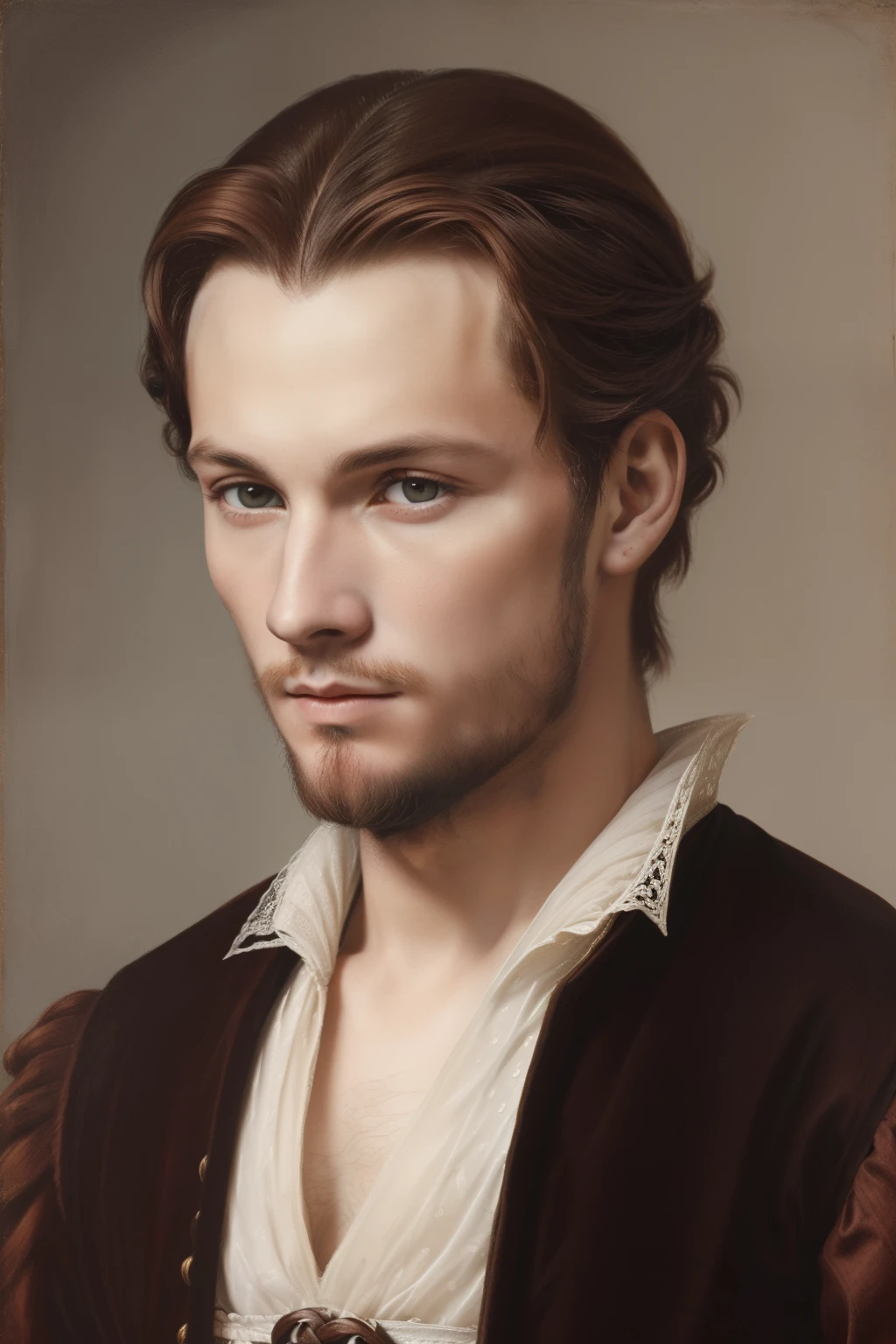 England, 1558. A young ((((22-year-old)) Rollo Fitzgerald)), handsome, intelligent, expressive eyes, graceful demeanor, ((serious expression)), ((((clothings from the 1550s)))), ((dark chestnut hairstyle of the 1550s)), colorful
