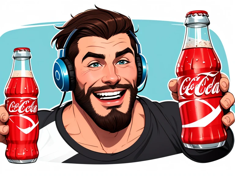 Man with beard Cartoon style digital illustration with happy expression wearing Cartoon style headphones drinking a Coca Cola