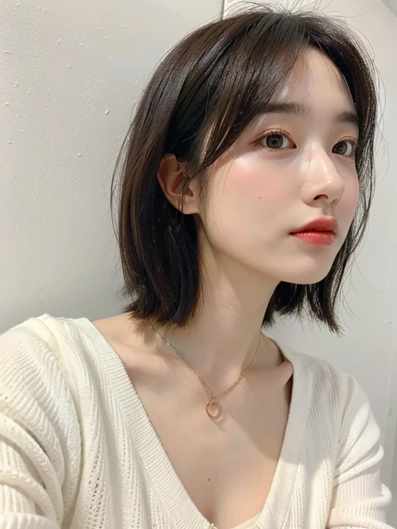 ((highest quality, 8k, masterpiece :1.3)), 1 girl, (Bob Hair、short hair,Photographed in front of a white wall :1.2)、Photographed in natural light、pastel cardigan :1.1, Angle from above、super Detailed face, Beautiful Eyes,(Highly realistic photos, High resolution, Detailed face, Beautiful Eyes)、Japanese women, Age 35, A variety of expressions, alone:1, Various Hair Styles, Casual clothing, Only one person in the photo、Long sleeve dress、Photographed in natural light、Simple Necklace、Spring Clothes、Don&#39;t look at the camera、profile、Dark brown hair color