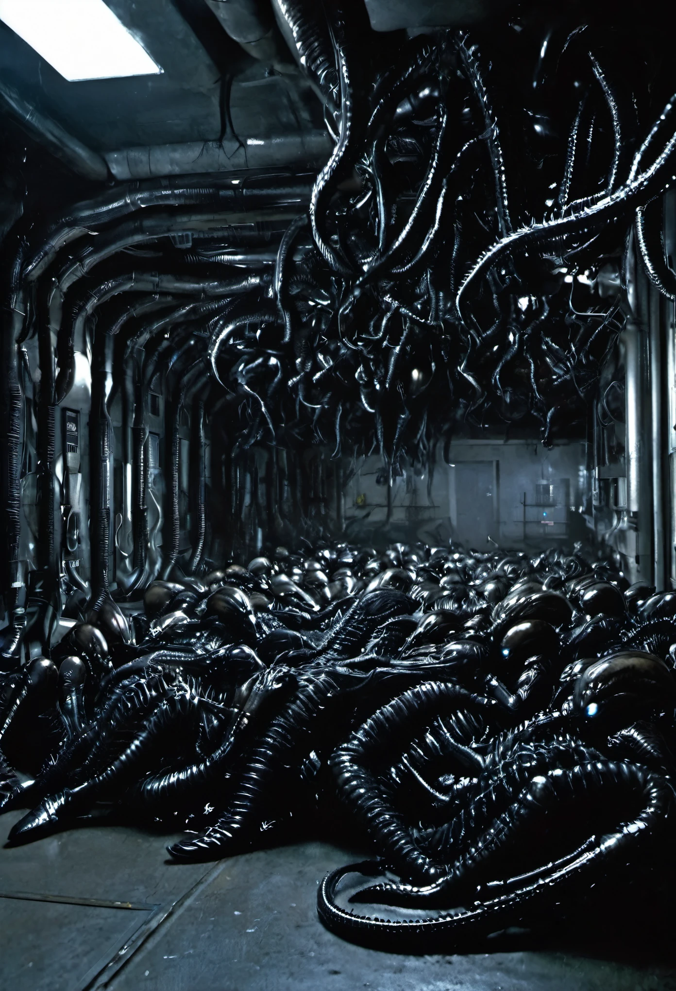 Many sexy women are cocooned in a slimy hard xenomorph nest, the women struggle futilely against their bindings, set in a hi-tech factory hallway, the xenomorph is barely visible, lurking in the shadows further down the hall, reference movie Alien 2, science fiction, hyper realistic, horror, best quality