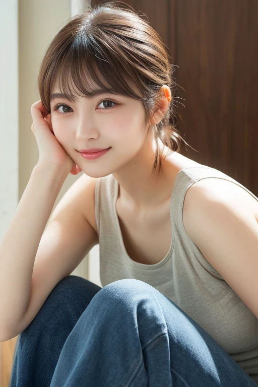 (Highest quality: 1.5), (Realistic: 1.5), (1 person: 1.5), Very detailed, fine, high resolution, 8k wallpaper, perfect dynamic composition, small breasts, natural colored lips, cute smile, Japan A woman, 20 years old girl, beautiful and exquisite face, perfect and beautiful face, beautiful and fine, big eyes, brunette eyes, beautiful and exquisite face, perfect and beautiful double eyelids, natural bangs, beautiful thin nose, Beautiful skin, chestnut brown hair, short ponytail hair, medium ponytail, natural bangs, perfect and beautiful face, natural pose, slim face and figure, (looking at camera), bright lighting, professional lighting, front lighting , natural smile, bedroom, tank top, Sitting with Knees Up, wariza,