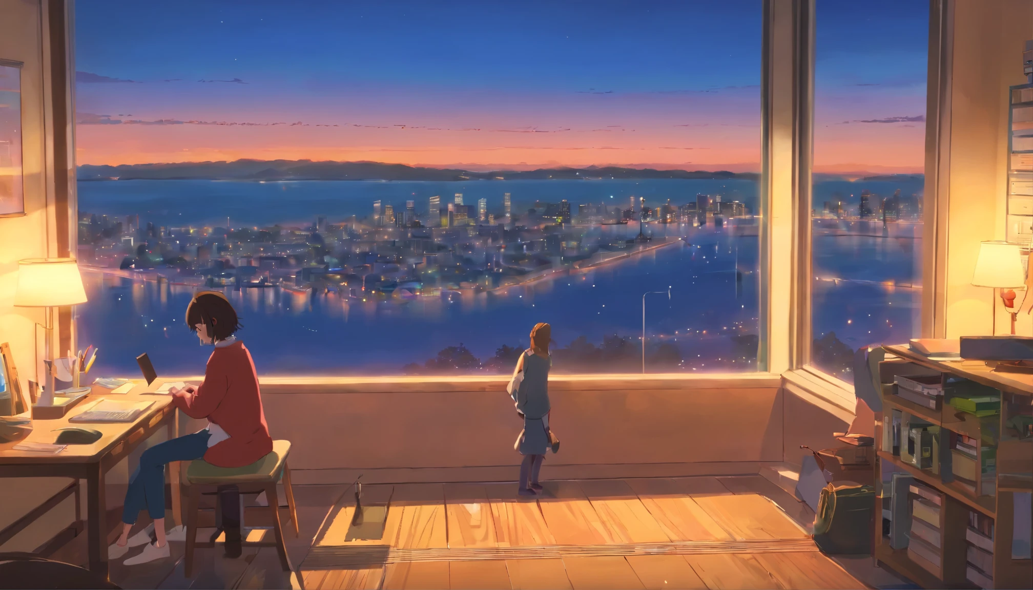 portlate、512、lo fi、Girl in headphones sitting on a chair、Take a nap at your desk、Eyes closed、City view outside the window、early evening、PastelColors、Painting、autumnal、natta