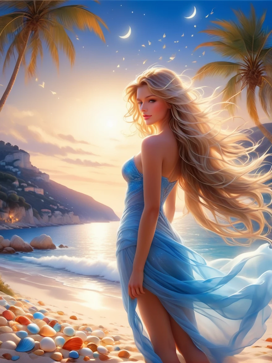 (Vision:1.5),night,(Romantic Blue Coast:1.5),Coastal Focus,Beautiful woman with long flowing hair and white gauze,Relax on the beaches of the picturesque French Riviera,The white sandy beach blends perfectly with the clear blue sea,nearby,Colorful shells scattered randomly,Tall and sturdy palm trees sway gently in the moonlight,Give the quiet earth a layer of deep night light,Fairy Tale Style,Light and shadow mottled,Fantastic surreal,chiffon,Starlight