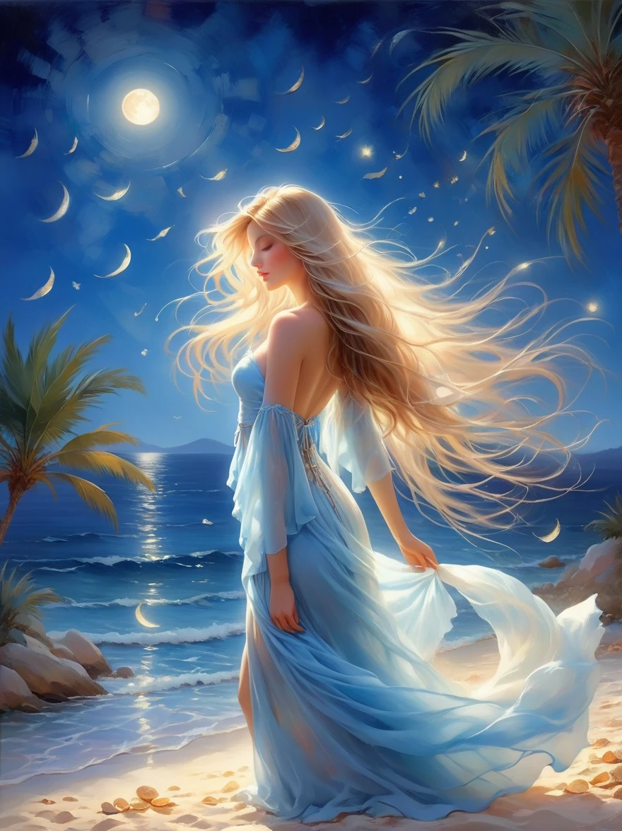 (Vision:1.5)，night，(Romantic Blue Coast:1.5)，Coastal Focus，Beautiful woman with long flowing hair and white gauze，Relax on the beaches of the picturesque French Riviera，The white sandy beach blends perfectly with the clear blue sea，nearby，Colorful shells scattered randomly，Tall and sturdy palm trees sway gently in the moonlight，Give the quiet earth a layer of deep night light，Fairy Tale Style，Light and shadow mottled，Fantastic surreal，chiffon，Starlight