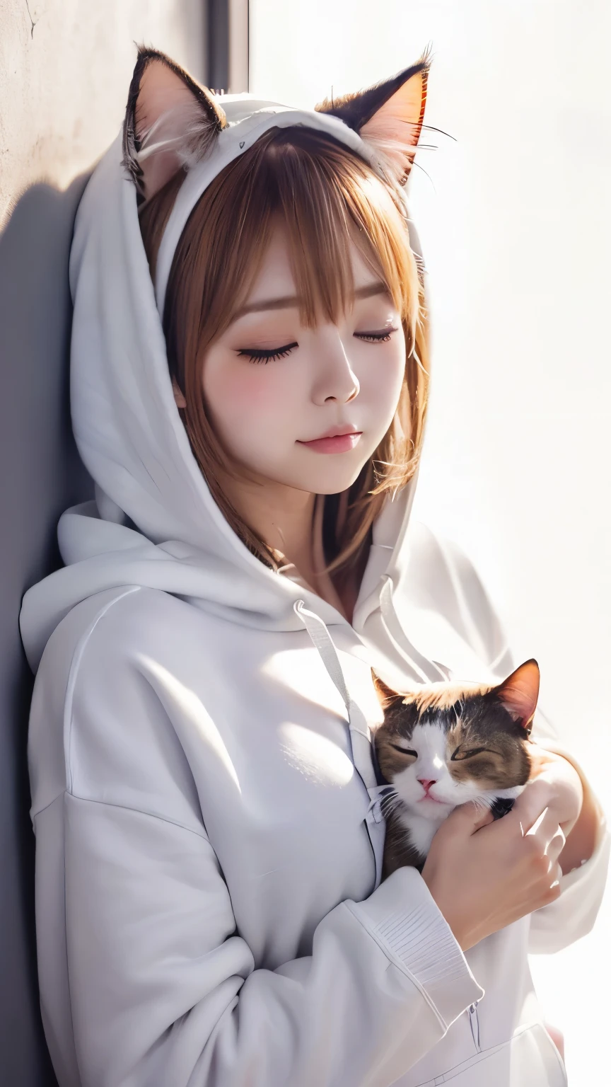masterpiece, 4k, Bokeh, (Kawaii:1.5), (Beautiful girl:1.3), (Japanese idle:1.6), (Cat ear:1.3) , (white Hoodie:1.3),  Blushed face, looking at the viewer, cowboy shot, (Hold a slleeping pretty white cat :1.5), (Close eyes:1.3), (white background :1.4), 