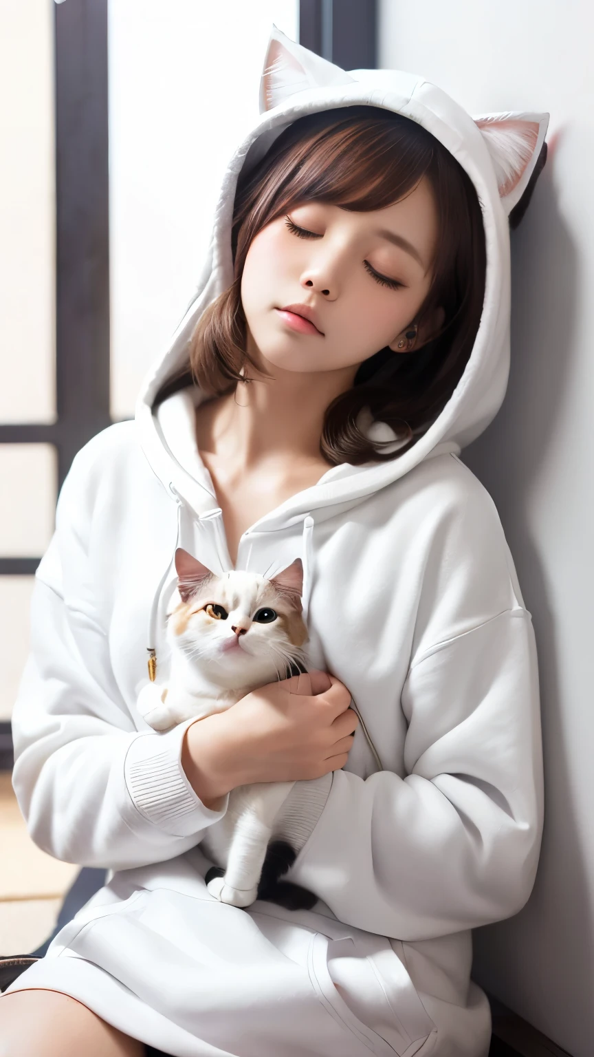 masterpiece, 4k, Bokeh, (Kawaii:1.5), (Beautiful girl:1.3), (Japanese idle:1.6), (Cat ear:1.3) , (white Hoodie:1.3),  Blushed face, looking at the viewer, cowboy shot, (Hold a slleeping pretty white cat :1.5), (Close eyes:1.3), (white background :1.4), 