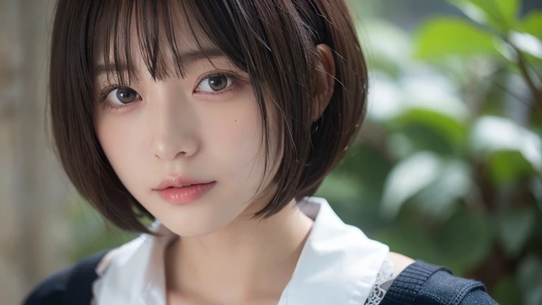 (Bob Cut Hair:1.2),(Wearing black school uniform:1.2),1 girl,Japanese,21 years old,(Small breasts:1.3),(highest quality,masterpiece:1.3,超A high resolution,),(Ultra-detailed,Caustics),(Photorealistic:1.4,RAW shooting,)Ultra-Realistic Capture,Very detailed,High resolution 16K human skin close-up。 Natural skin texture、,Pores、、It needs to be detailed enough to be easily identifiable。 Skin should be even-toned and healthy looking。 Use natural light and colour, Sad expression, Looking at the camera, Perfect dynamic composition, Outdoor