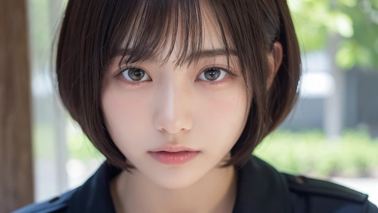 (Bob Cut Hair:1.2),(Wearing black school uniform:1.2),1 girl,Japanese,21 years old,(Small breasts:1.3),(highest quality,masterpiece:1.3,超A high resolution,),(Ultra-detailed,Caustics),(Photorealistic:1.4,RAW shooting,)Ultra-Realistic Capture,Very detailed,High resolution 16K human skin close-up。 Natural skin texture、,Pores、、It needs to be detailed enough to be easily identifiable。 Skin should be even-toned and healthy looking。 Use natural light and colour, Sad expression, Looking at the camera, Perfect dynamic composition, Outdoor