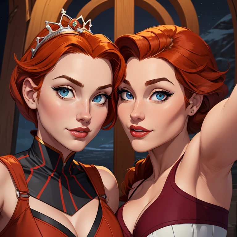 Beautiful portrait mode pose Cartoon character character in dynamic pose two women together redhead Queen Anna of Arendelle redhead with 1,60cm on the left and along with a symmetrical body with corset and beautiful breasts, corpo bem definido, delicado e sensual, estilo de desenho animado, digital illustration Portrait mode 