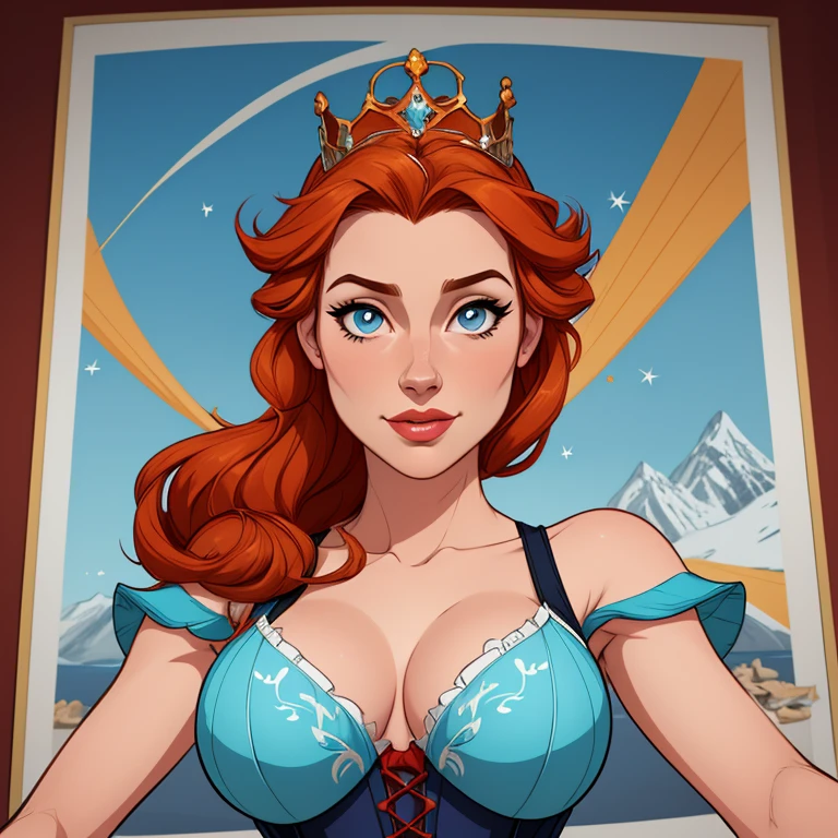 Beautiful portrait mode pose Cartoon character character in dynamic pose two women together redhead Queen Anna of Arendelle redhead with 1,60cm on the left and along with a symmetrical body with corset and beautiful breasts, corpo bem definido, delicado e sensual, estilo de desenho animado, digital illustration Portrait mode 