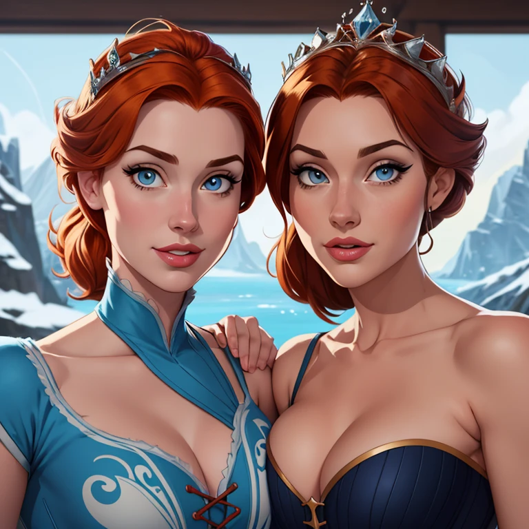 Beautiful portrait mode pose Cartoon character character in dynamic pose two women together redhead Queen Anna of Arendelle redhead with 1,60cm on the left and along with a symmetrical body with corset and beautiful breasts, corpo bem definido, delicado e sensual, estilo de desenho animado, digital illustration Portrait mode