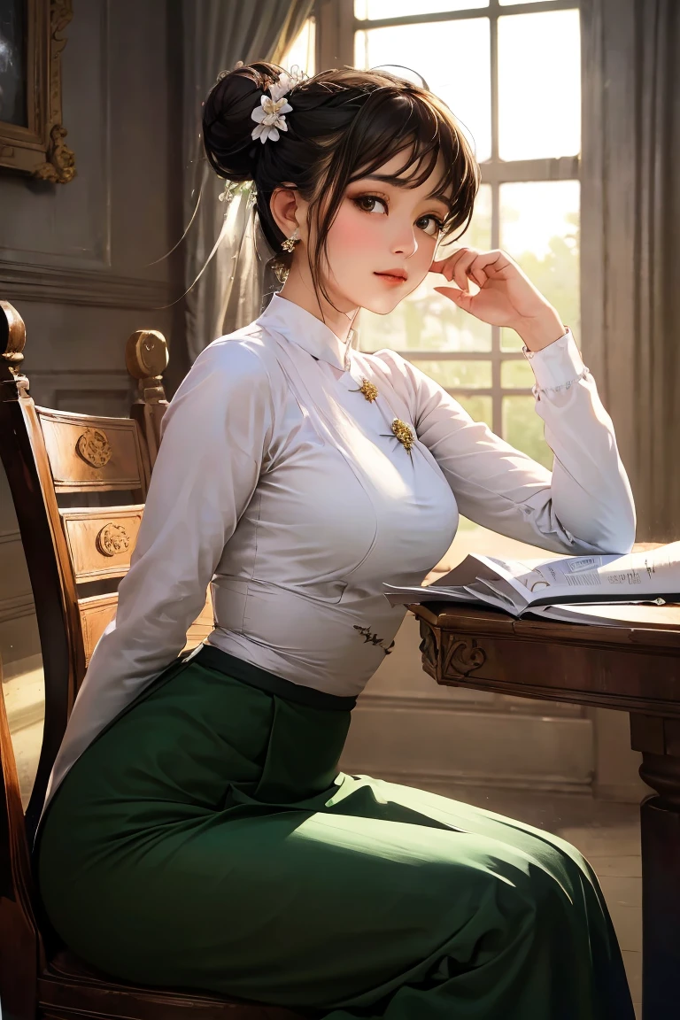 A mesmerizing portrait of an elegant woman with a graceful hair bun adorned with a delicate jasmine flower, captivating the viewer with her enchanting gaze amidst the serene ambiance of a grand library. Masterfully crafted, high-resolution digital painting showcases intricate details and evokes a sense of timeless beauty and intelligence. The warm lighting highlights her features, accentuating the delicate contours of her face, while the soft background adds depth to the composition. An exquisite masterpiece worthy of admiration, (wearing acmmsayarma outfit, acmmsayarma white top with buttons, long sleeves), ((acmmsayarma green long skirt))