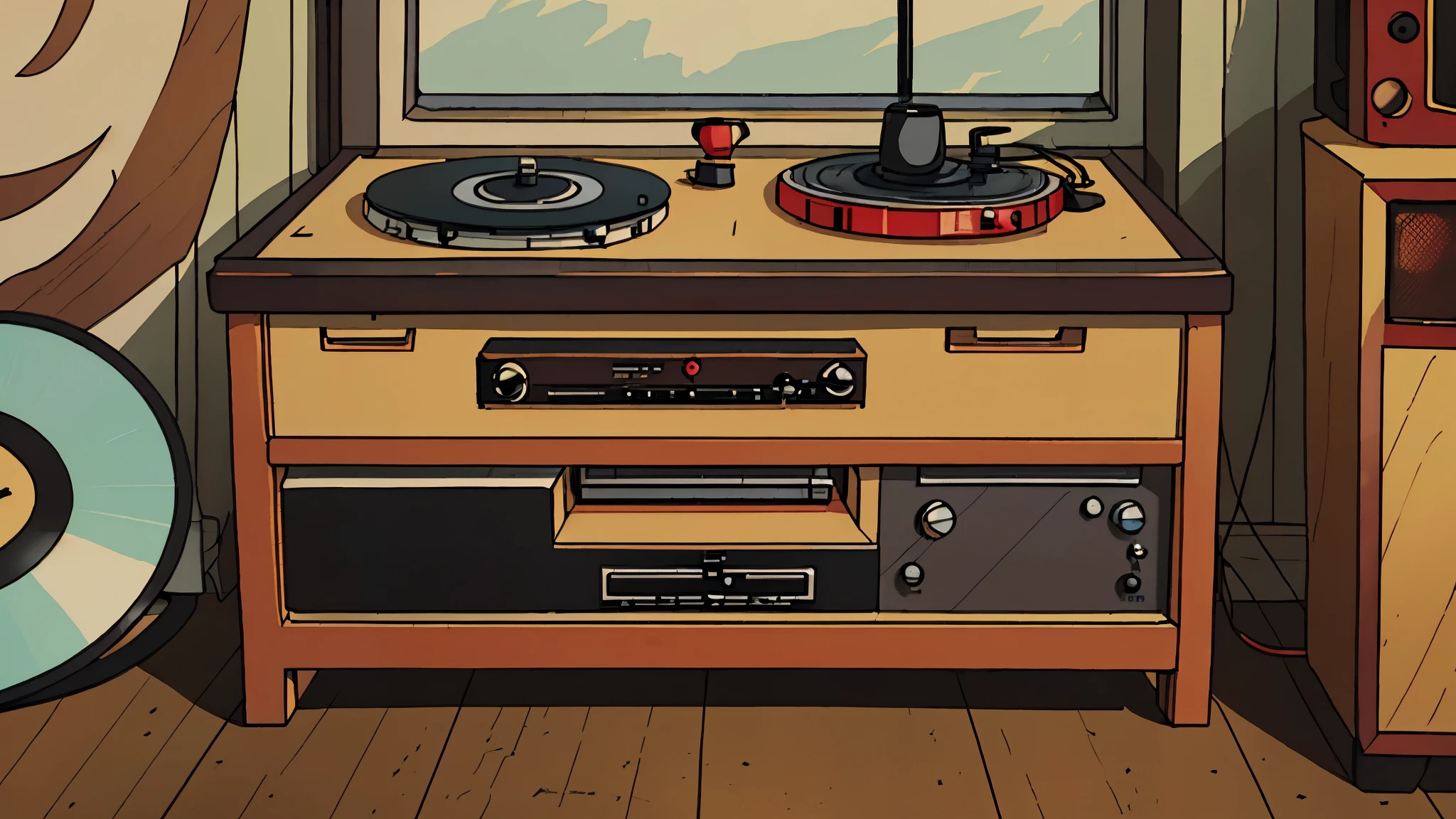 A vintage record player, exuding an air of timeless sophistication, sits elegantly in the frame. Crafted meticulously from rich, weathered wood, its rustic charm shines through. The record player boasts a turntable, its smooth surface gleaming under studio lighting, and a tonearm poised to drop the needle onto the vinyl. A neat stack of vinyl records lies adjacent to it, each disc waiting to reveal its lofi jazz melodies. The overall aesthetic of the scene is vintage and stylish, with vibrant colors accentuating the worn grooves and sharp focus capturing every crevice and detail. Colored pencils might have been used to add subtle, soft