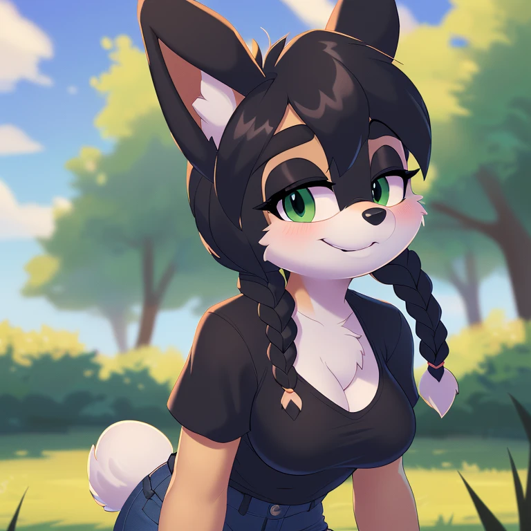 best quality, ultra-detailed, cinematic lighting, beautiful lighting, ((Masterpiece, humanoid hands)), hi res, detailed, detailed background, vibrant lighting, high quality, cartoon style, 2d, (Mobian:1.1), solo, ((1girl)), lean body, (((white body fur))), (((mobian bunny, green eyes, black eyelids, medium breasts, double braids, black hair, white belly fur, white fur hands))), tall, fluffy, (((chest fluff))), ((adult)), (((black shirt, short sleeves, blue short jeans))), side view, icon, pov, looking at viewer, shy blush, smiling, outside, realistic