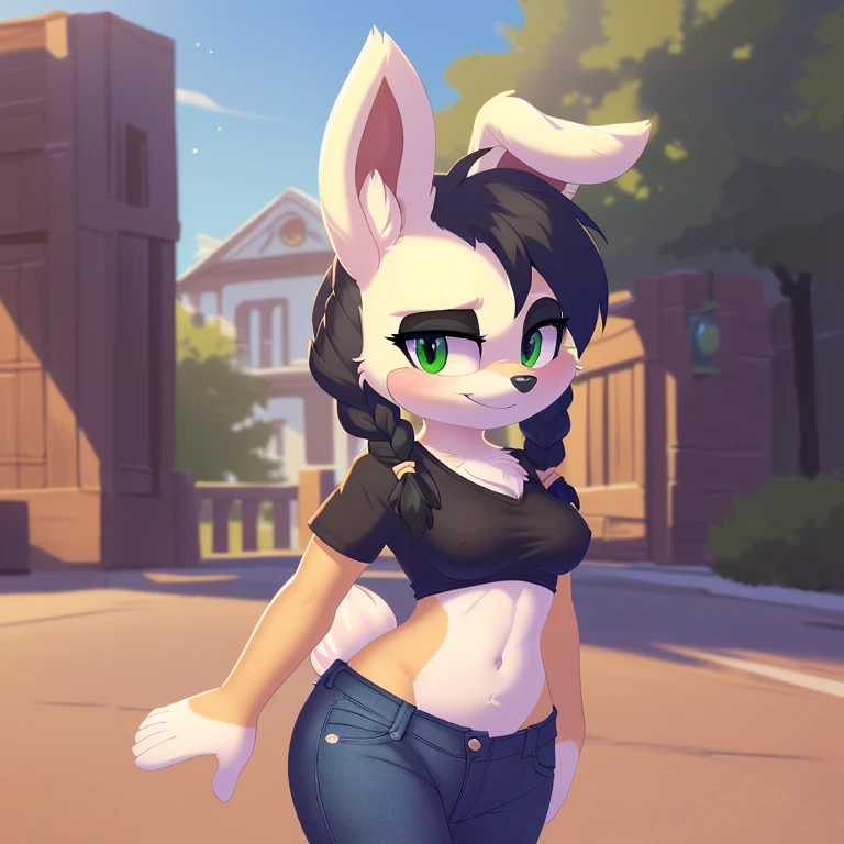 best quality, ultra-detailed, cinematic lighting, beautiful lighting, ((Masterpiece, humanoid hands)), hi res, detailed, detailed background, vibrant lighting, high quality, cartoon style, 2d, (Mobian:1.1), solo, ((1girl)), lean body, (((white body fur))), (((mobian bunny, green eyes, black eyelids, medium breasts, double braids, black hair, white belly fur, white fur hands))), tall, fluffy, (((chest fluff))), ((adult)), (((black shirt, short sleeves, blue short jeans))), side view, icon, pov, looking at viewer, shy blush, smiling, outside, realistic