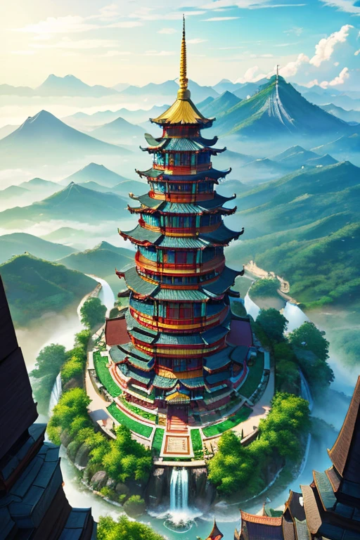 2. Mountain view with waterfall and temple in the middle, The scene drawn by Han Gan, CG Community Contest Winner, Imagination art, A dreamy Chinese city, Chinese landscape, Chinese Fantasy, Made of trees and fantasy valley, View of the old city, Request an impressive fantasy scene, Most of the landscapes are epic, Temple on the hill, Mountain forest environment, Symbolic scene, Chinese village.