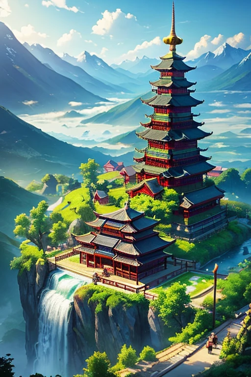 2. Mountain view with waterfall and temple in the middle, The scene drawn by Han Gan, CG Community Contest Winner, Imagination art, A dreamy Chinese city, Chinese landscape, Chinese Fantasy, Made of trees and fantasy valley, View of the old city, Request an impressive fantasy scene, Most of the landscapes are epic, Temple on the hill, Mountain forest environment, Symbolic scene, Chinese village.