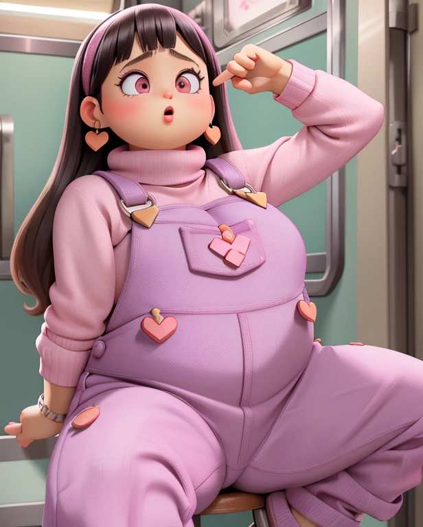 sexy, chubby, pink overalls, pink sweater, black hair, spread legs 