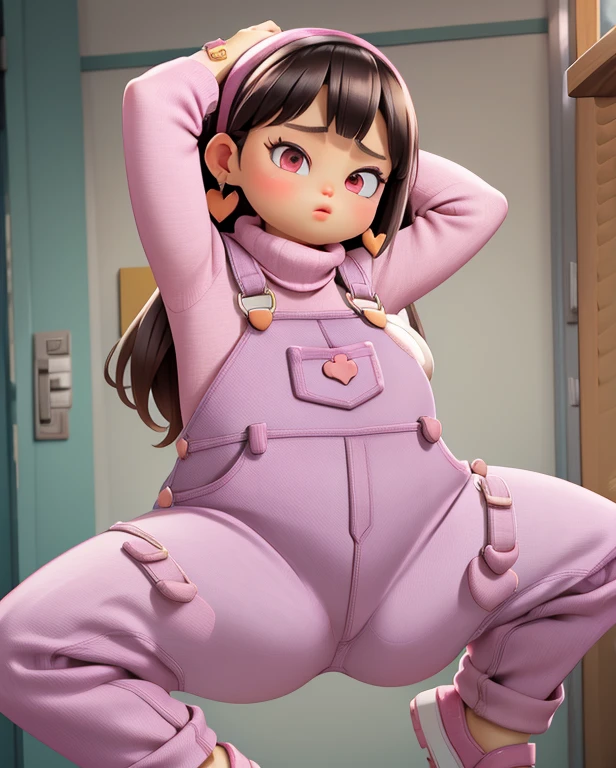 sexy, chubby, pink overalls, pink sweater, black hair, spread legs