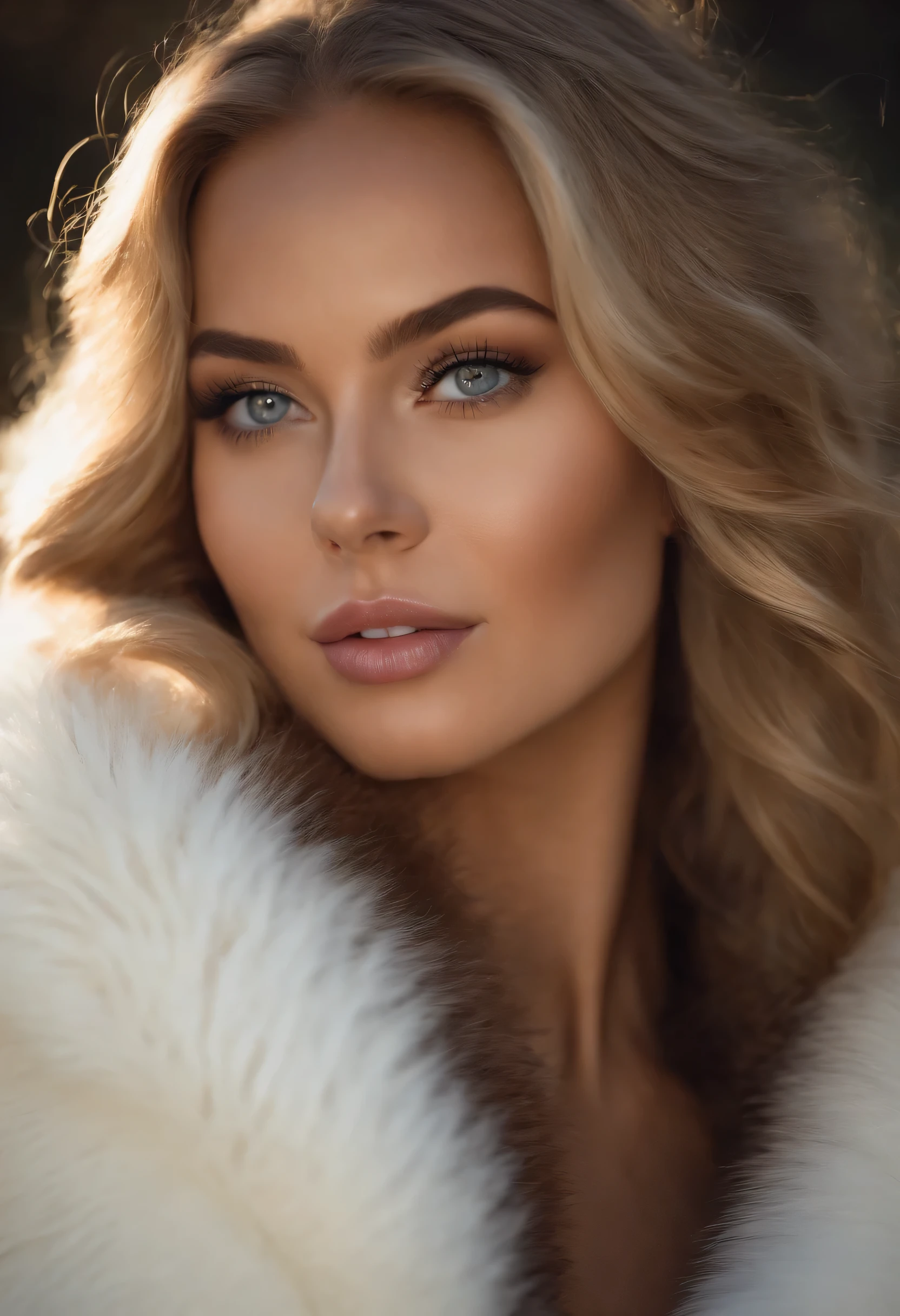 femme totalement coquine , Fille sexy aux yeux bleus, ultra realistic, Meticulously detailed, Portrait de Sophie Mudd, cheveux blonds et grands yeux, selfie d'une jeune femme, Yeux de chambre, Violette Myers, sans maquillage, Maquillage naturel, regarder directement la caméra, mec avec artgram, maquillage subtil, covered in a voluminous white mink fur coat, Superbe photo de tout le corps, Nature, sunlight, souriant, buste sexy de grande taille
