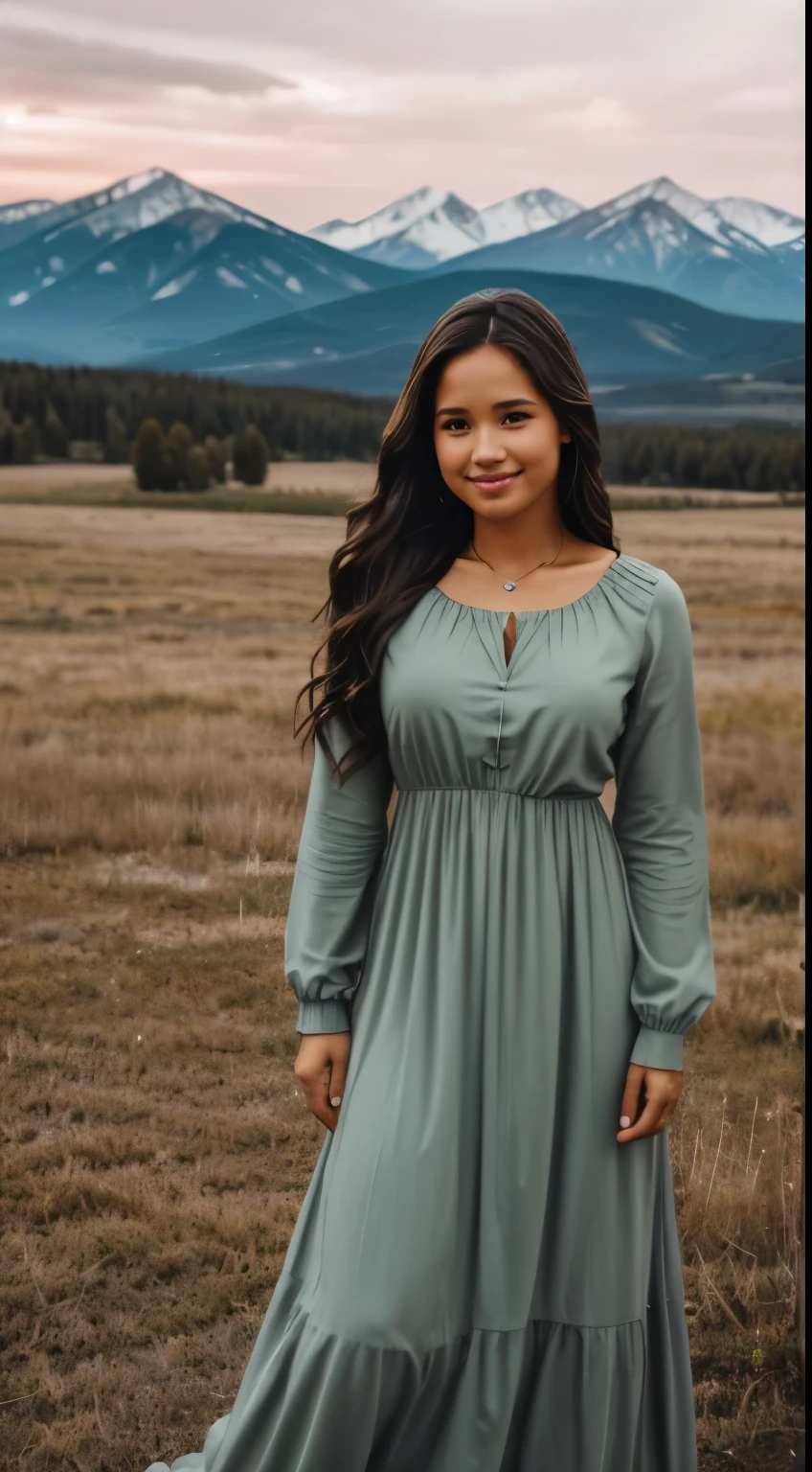 Foto hiperrealista en primer pl??? de Kelsey Asbille (native American ((light dark skin))), masterpiece, best quality, (photorealistic:1.4), full body, (green long sleeves church dress:1.2)), on the ranch, grey day, Montana mountains in the background, cinematic light, beautiful woman, skinny, large big breasts, black long hair, detailed face, smile, facing the camera, photo taken from a distance, age of 25 years old, camera filter on pastel gray colors,, grey filter on camera